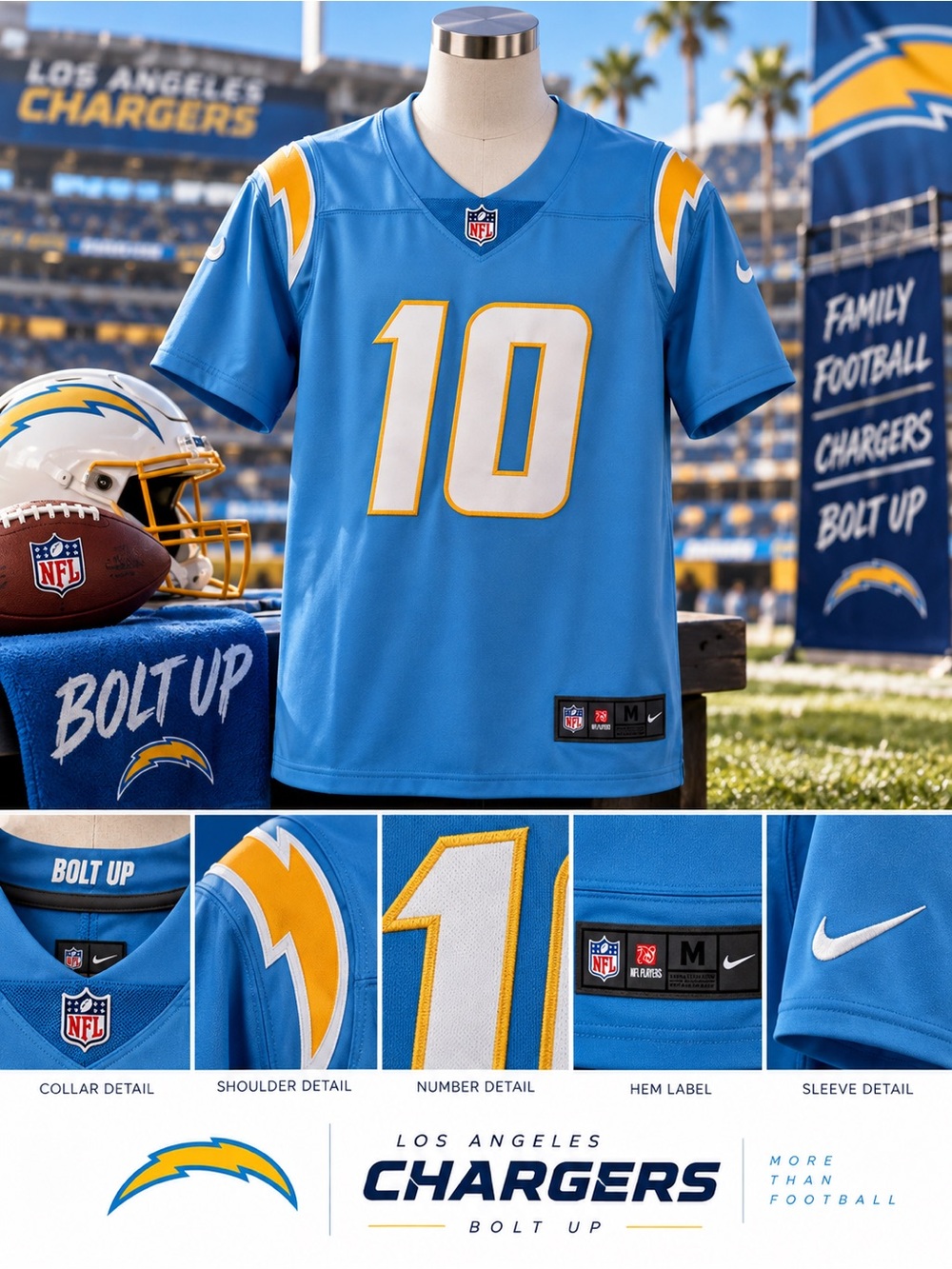 Nike Chargers Justin Herbert #10 Powder Blue Jersey with Gold Accents